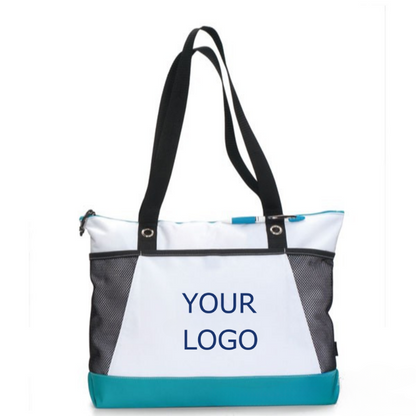 19.69"x 13.78" x 4.72" Promotional Fashion Non-woven Patchwork Zippered Tote Bag with Side Mesh Pockets