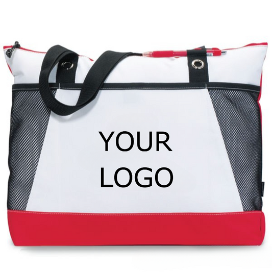 19.69"x 13.78" x 4.72" Promotional Fashion Non-woven Patchwork Zippered Tote Bag with Side Mesh Pockets