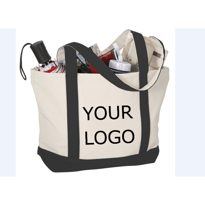 Custom Cotton Canvas Grocery Bag Patchwork Colors One Shoulder Portable Large Capacity Cotton Bag, 20.5" x 13" x 7"