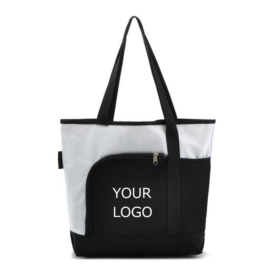 14" x 16.5"x 4.75" Fashion White-Black Patchwork Tote Bag Oxford Cloth Shopping Bag with Zippered Pocket at Front