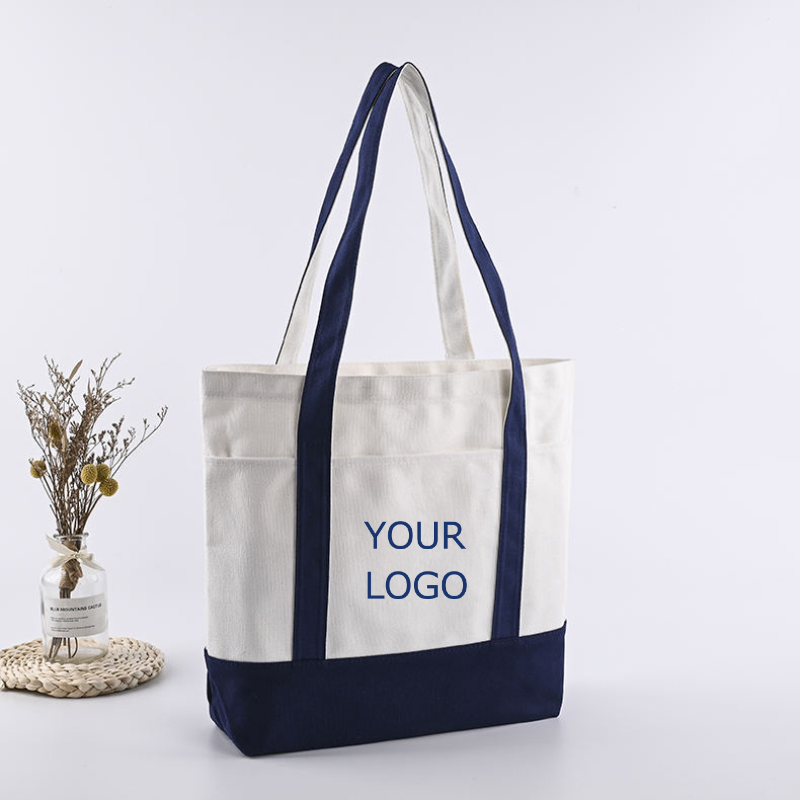 15.75"x13.78"x3.15" Customized Canvas Two Color Patchwork Tote Bag with Zipper Clousure