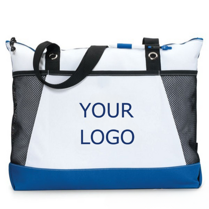 19.69"x 13.78" x 4.72" Promotional Fashion Non-woven Patchwork Zippered Tote Bag with Side Mesh Pockets