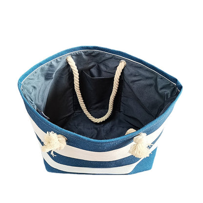 Blue and White Striped Cotton Canvas Bag Promotional Fashion Beach Bag Shopping Bag, 20.5" x 14.6" x 6.7"