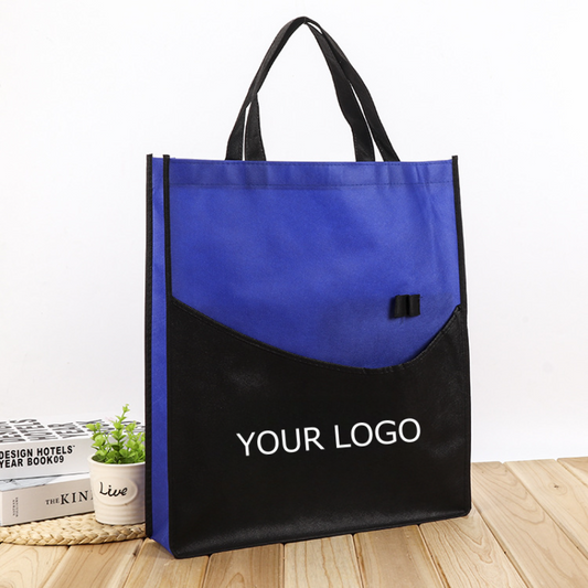 15" x 17"x 3" Fashionable Portable Non-woven Two-tone Tote Bag Foldable Patchwork Shopping Bag with a Front Pocket