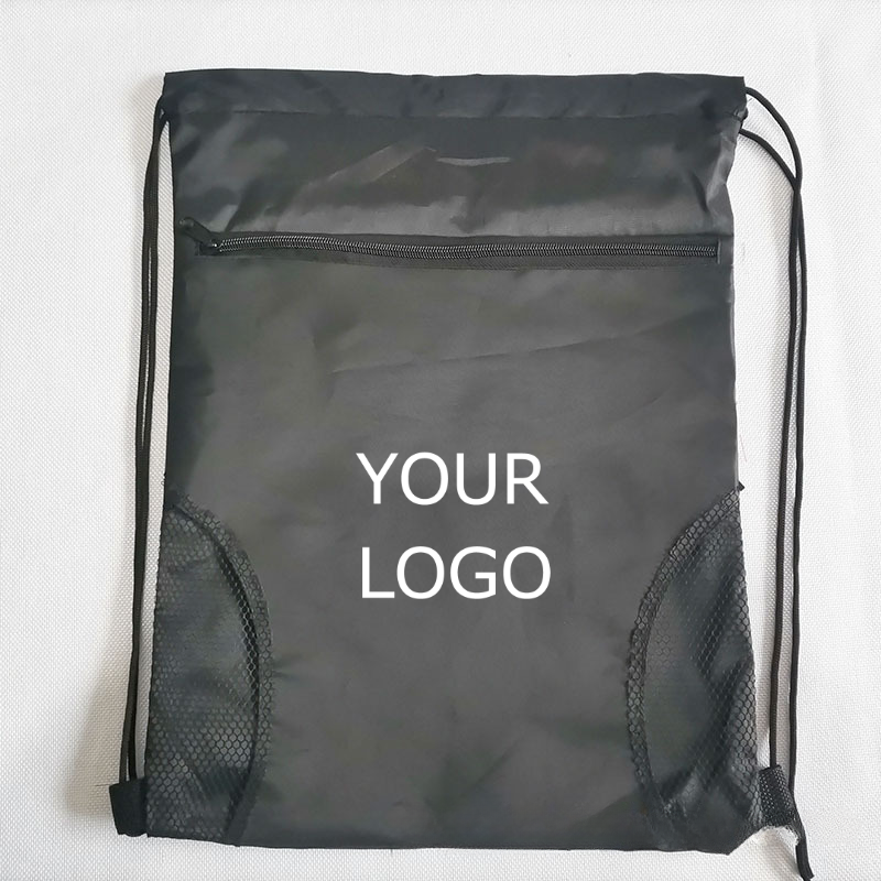 13.58" x 18.11" Custom Polyester Drawstring Backpack Bag Large Gym Sports Beach Sackpack with Zipper and Mesh Bottle Holders