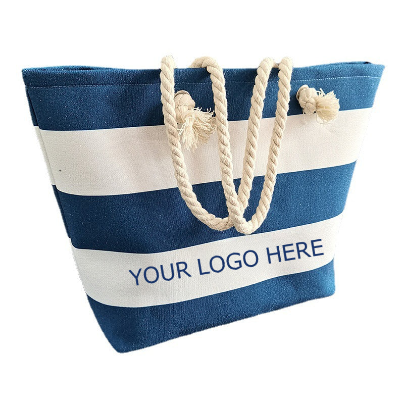 Blue and White Striped Cotton Canvas Bag Promotional Fashion Beach Bag Shopping Bag, 20.5" x 14.6" x 6.7"