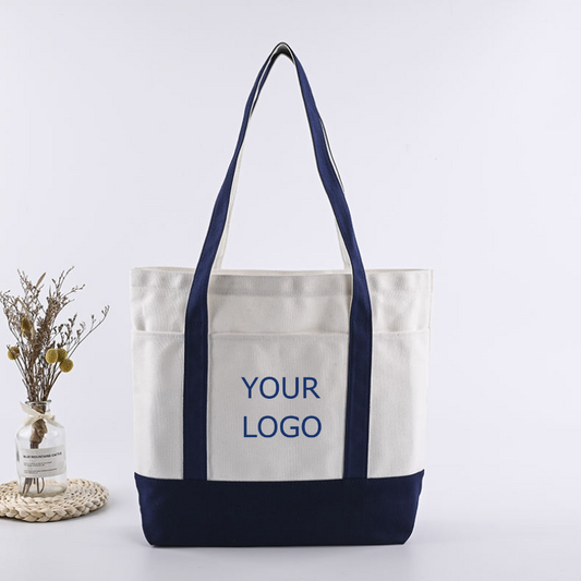 15.75"x13.78"x3.15" Customized Canvas Two Color Patchwork Tote Bag with Zipper Clousure