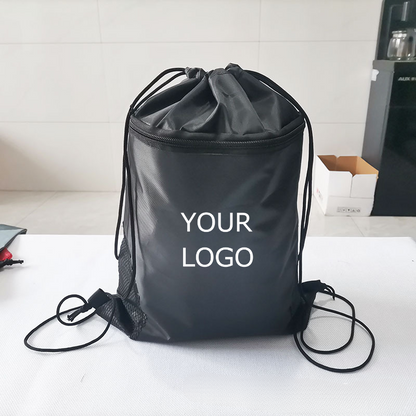 13.58" x 18.11" Custom Polyester Drawstring Backpack Bag Large Gym Sports Beach Sackpack with Zipper and Mesh Bottle Holders