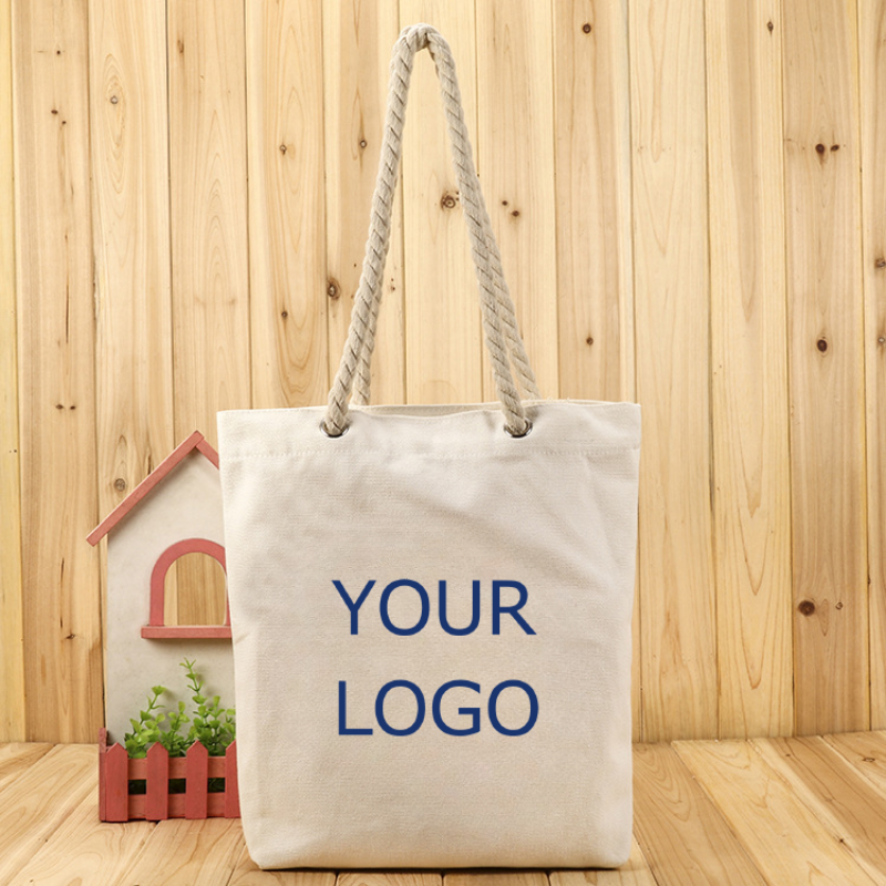 Cotton Canvas Bag Custom Design Grocery Bag with Rope Handles, 15.5" x 16" x 5"