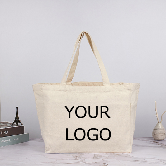 Cotton Canvas Bag Custom Shopping Bag with Reinforced Handles, 15.4" x 12" x 6.3"