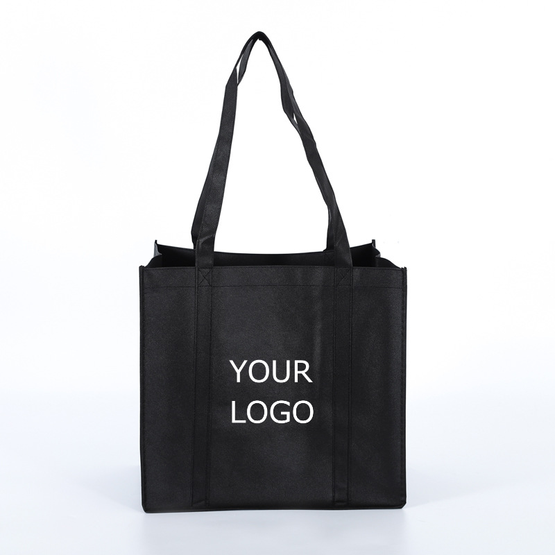 15"x 14"x 10" Custom Black Foldable and Reusable Tote Bag Non-Woven Bag with Long Reinforced Handles