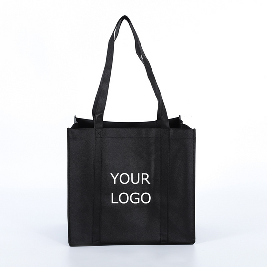 15"x 14"x 10" Custom Black Foldable and Reusable Tote Bag Non-Woven Bag with Long Reinforced Handles