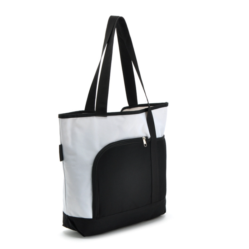 14" x 16.5"x 4.75" Fashion White-Black Patchwork Tote Bag Oxford Cloth Shopping Bag with Zippered Pocket at Front