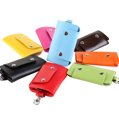 PU Leather Key Case Organizer Wallet Purse With Keychain,  6 Hanging Hooks,  2 Buckles Snap Closure, MOQ 20