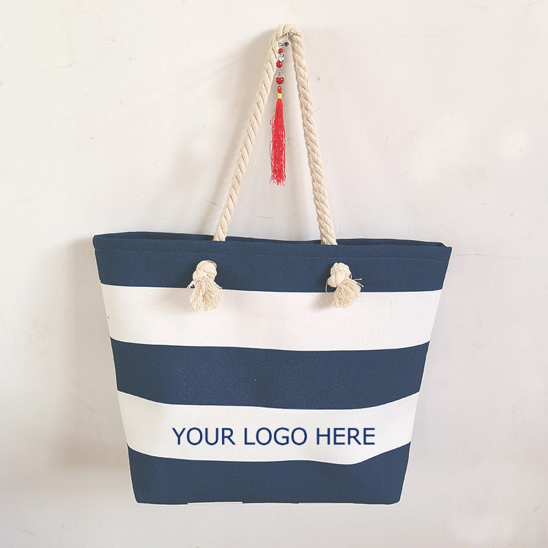 Blue and White Striped Cotton Canvas Bag Promotional Fashion Beach Bag Shopping Bag, 20.5" x 14.6" x 6.7"