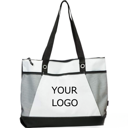 19.69"x 13.78" x 4.72" Promotional Fashion Non-woven Patchwork Zippered Tote Bag with Side Mesh Pockets