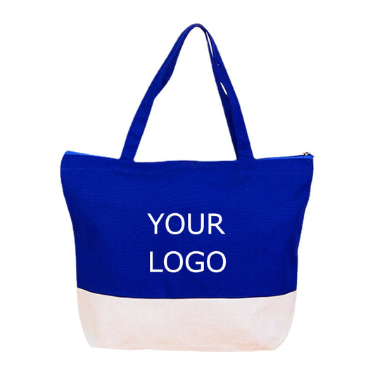 Patchwork Color Cotton Canvas Tote Bag Custom Logo Student One-Shoulder Canvas Bag, 12" x 15" x 4"