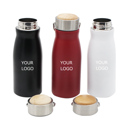 350ml Portable Thermos Water Bottle with Wooden Lid and Stainless Handle, MOQ 10