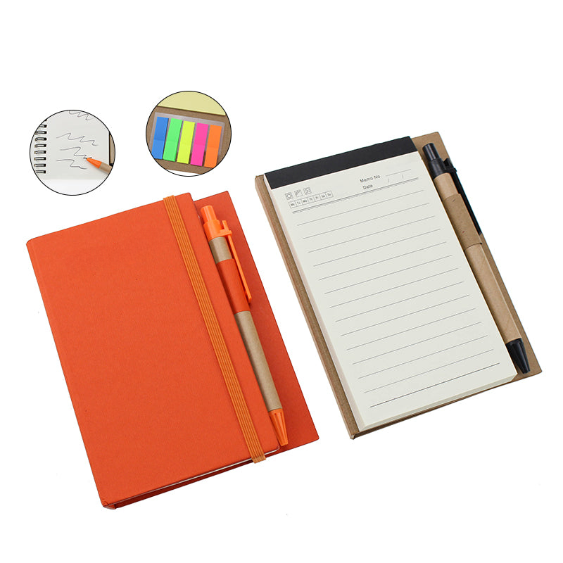 Hard Craft Cover Note Book, Elastic Band Closure, Pen, Sticky Notes, 4.4" x 5.9", MOQ 50