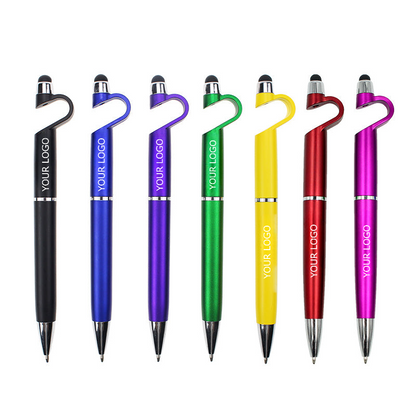 Ballpoint Pen with Stylus Tip, Soft Touch Click Metal Pen, Mobile Phone Holder, Plastic Barrel, Black Ink, MOQ 10