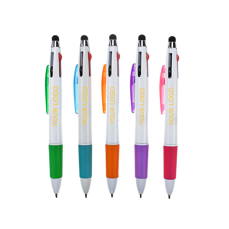 3-in-1 Colored Ballpoint Pen, White Plastic Barrel, stylus pen, MOQ 10