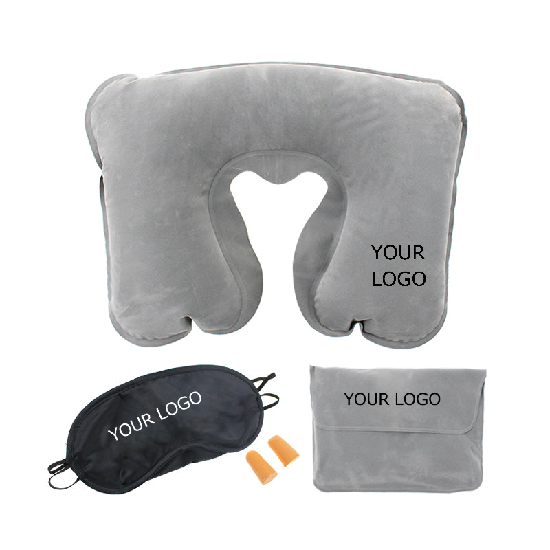 U-shaped Inflatable Neck Pillow, Eyemask, Ear Plugs Set, 3 in 1 Travel Set for Airplanes, Cars, Trains, Buses and Homes, MOQ 50