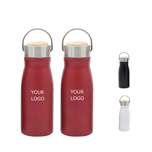 350ml Portable Thermos Water Bottle with Wooden Lid and Stainless Handle, MOQ 10