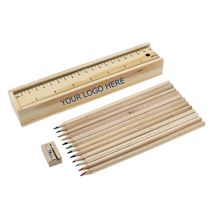 Set of 12-colored Pencils, Wooden Case, Ruler, Sharpener, MOQ 10