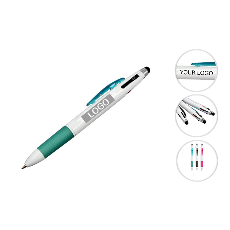 3-in-1 Colored Ballpoint Pen, White Plastic Barrel, stylus pen, MOQ 10