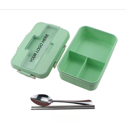 Lunch Box With 3 Compartment, Wheat Fiber Leak Proof Food Container With Stainless Steel Spoon & Chopsticks, 8.3"x 2.8" x 5.7", MOQ 10