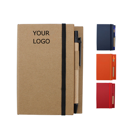 Hard Craft Cover Note Book, Elastic Band Closure, Pen, Sticky Notes, 4.4" x 5.9", MOQ 50