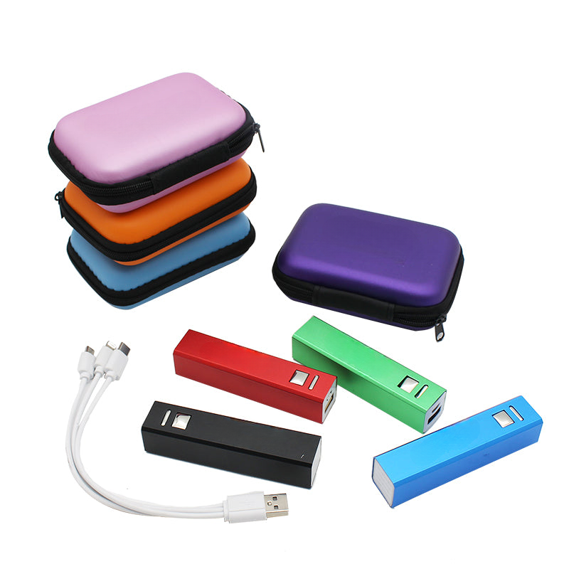 2600mAh Portable Charger with Hard Travel Case and Cable, Small Tube,  Mesh Pocket for Cable, MOQ 10