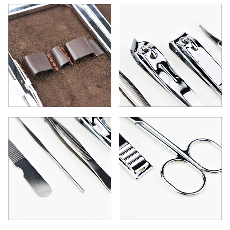 Travel Mini Manicure set Nail Clipper set 6 in 1, High-quality Carbon Steel Pedicure Care Grooming kit with Grid PU Box, MOQ 50